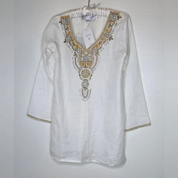 NEW Belle Mar Marena Sol White 100 %Linen Tunic Gold Pearl Beaded M - Picture 3 of 11